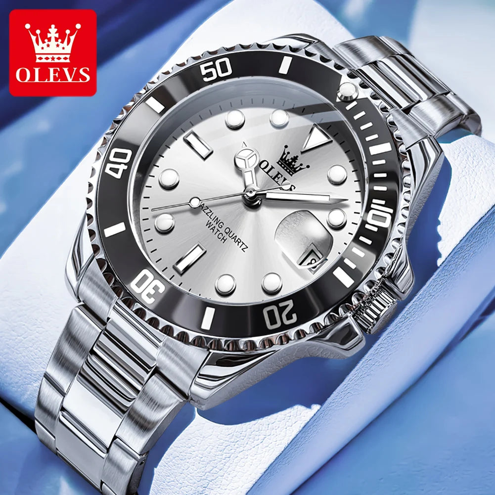 OLEVS 5885 Mens White Dial Watch Stainless Steel (Silver)