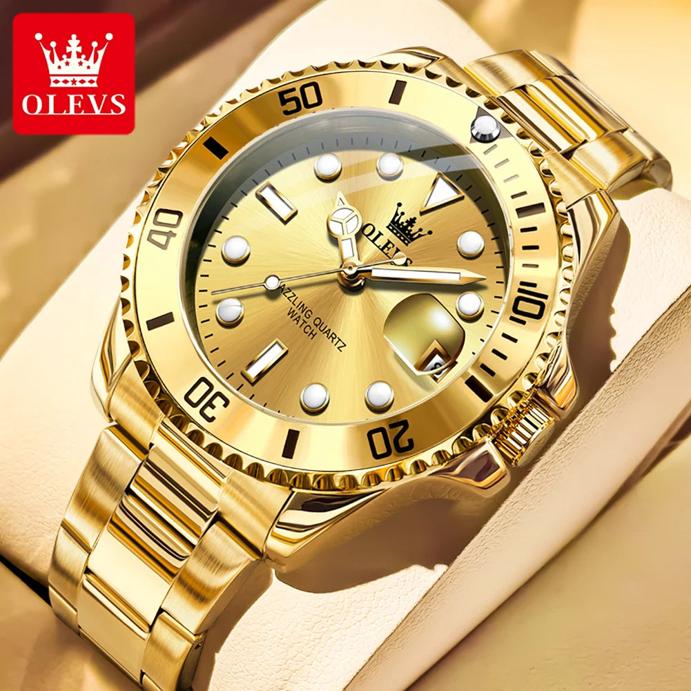 OLEVS 5885 Mens Gold Dial Watch Stainless Steel (Gold)