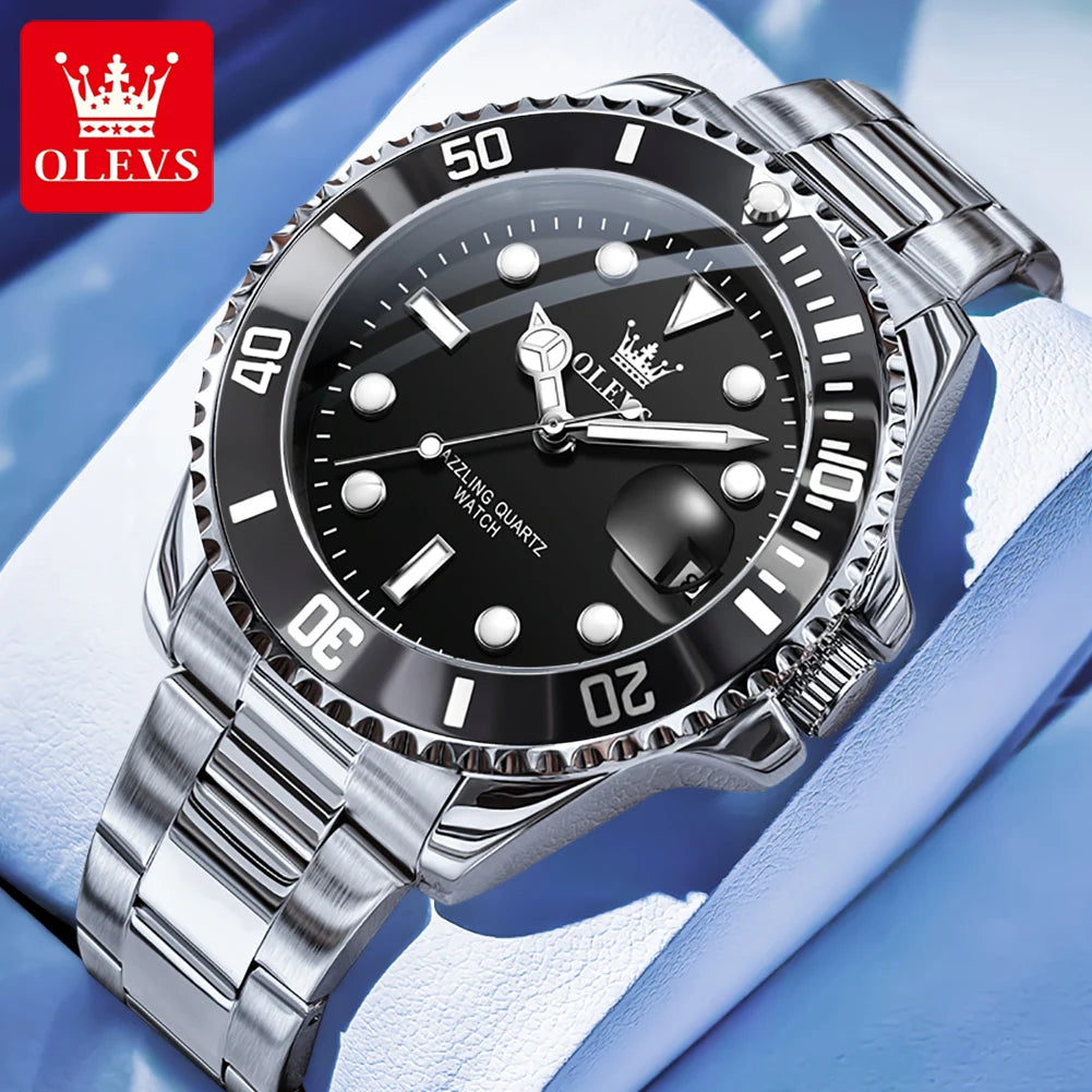 OLEVS 5885 Mens Black Dial Watch Stainless Steel (Silver)