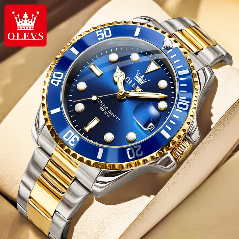OLEVS 5885 Mens Blue Dial Watch Stainless Steel (Gold)