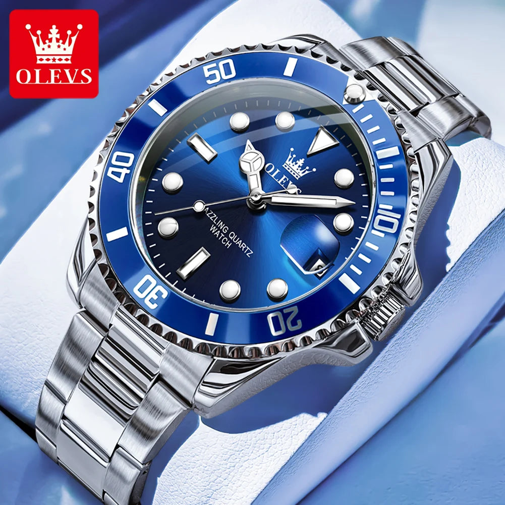 OLEVS 5885 Mens Blue Dial Watch Stainless Steel (Silver)