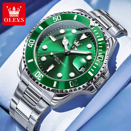 OLEVS 5885 Mens Green Dial Watch Stainless Steel (Silver)
