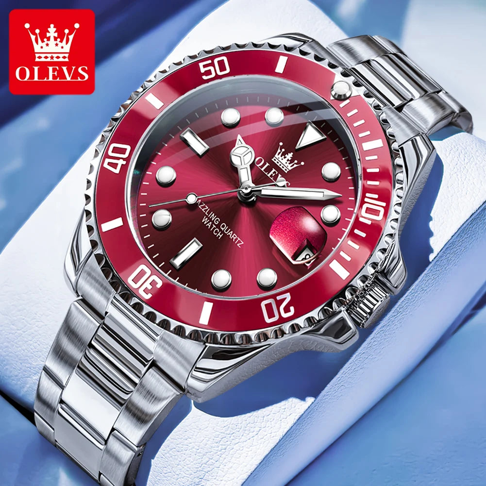 OLEVS 5885 Mens Cherry Dial Watch Stainless Steel (Silver)