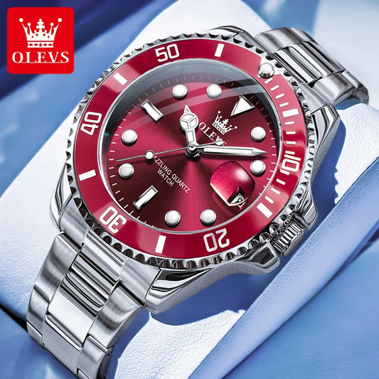 OLEVS 5885 Mens Cherry Dial Watch Stainless Steel (Silver)