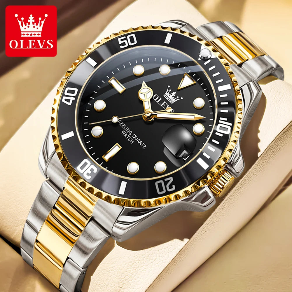 OLEVS 5885 Mens Black Dial Watch Stainless Steel (Gold)