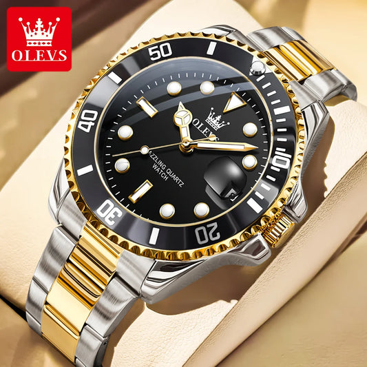 OLEVS 5885 Mens Black Dial Watch Stainless Steel (Gold)