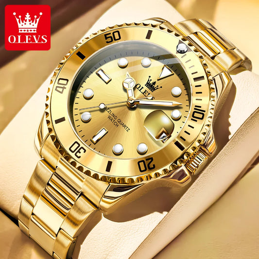 OLEVS 5885 Mens Gold Dial Watch Stainless Steel (Gold)